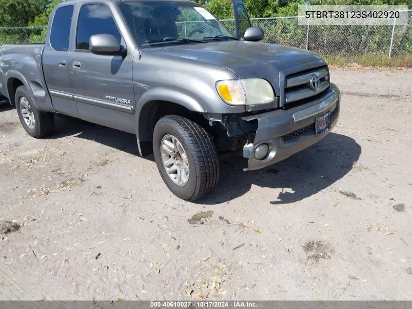 2003 Toyota Tundra Limited V8 VIN: 5TBRT38123S402920 Lot: 40610027