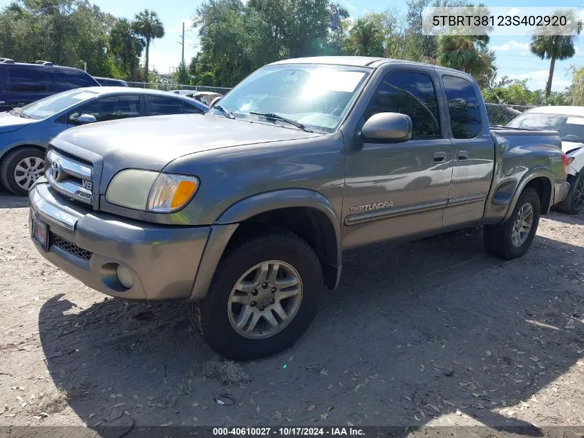 2003 Toyota Tundra Limited V8 VIN: 5TBRT38123S402920 Lot: 40610027