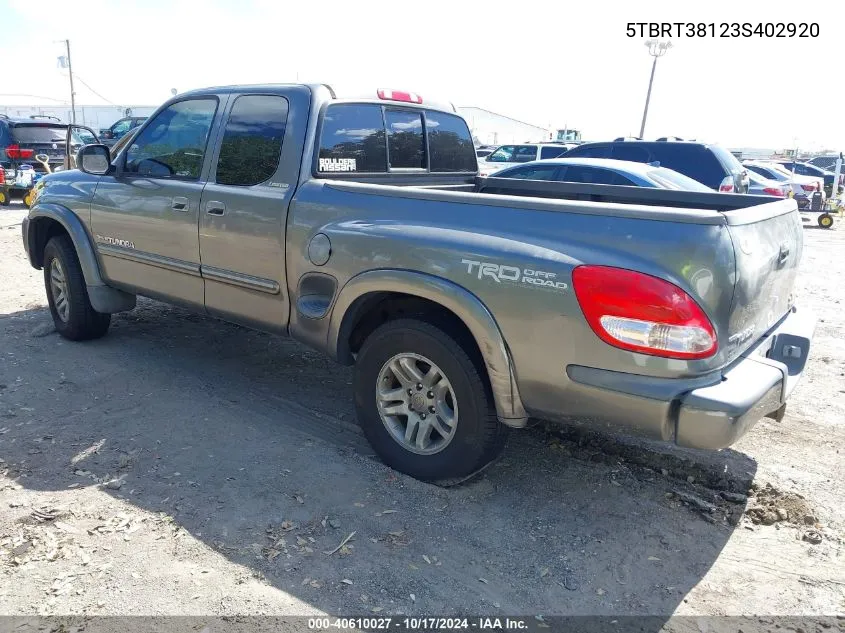 2003 Toyota Tundra Limited V8 VIN: 5TBRT38123S402920 Lot: 40610027