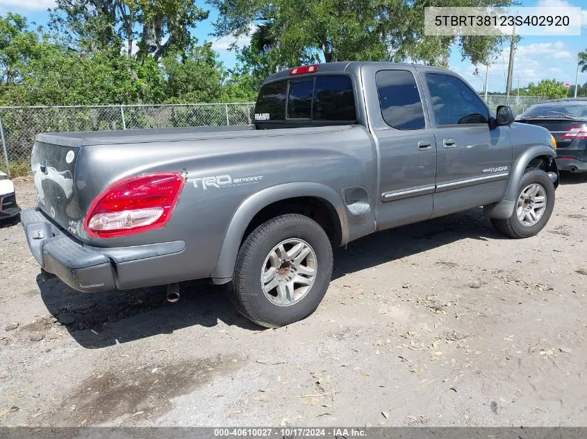 2003 Toyota Tundra Limited V8 VIN: 5TBRT38123S402920 Lot: 40610027