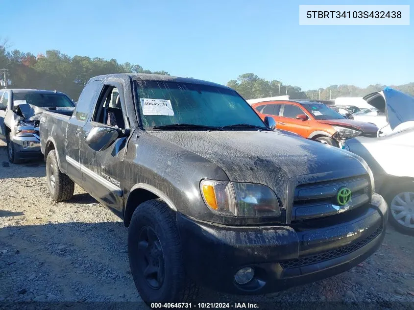 2003 Toyota Tundra Access Cab Sr5 VIN: 5TBRT34103S432438 Lot: 40645731