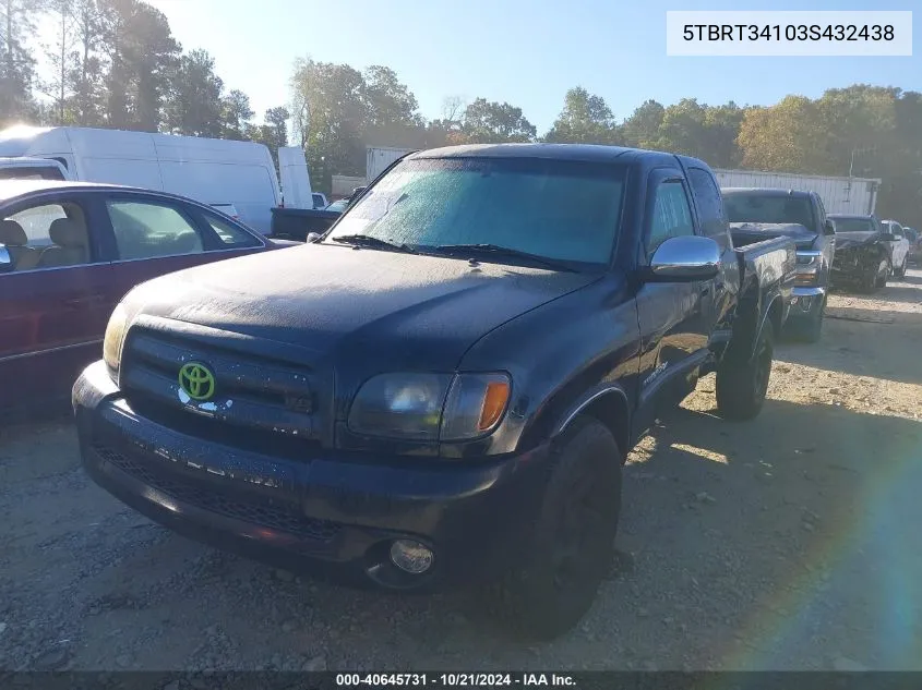 2003 Toyota Tundra Access Cab Sr5 VIN: 5TBRT34103S432438 Lot: 40645731