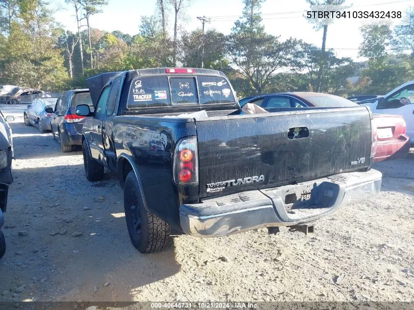 2003 Toyota Tundra Access Cab Sr5 VIN: 5TBRT34103S432438 Lot: 40645731