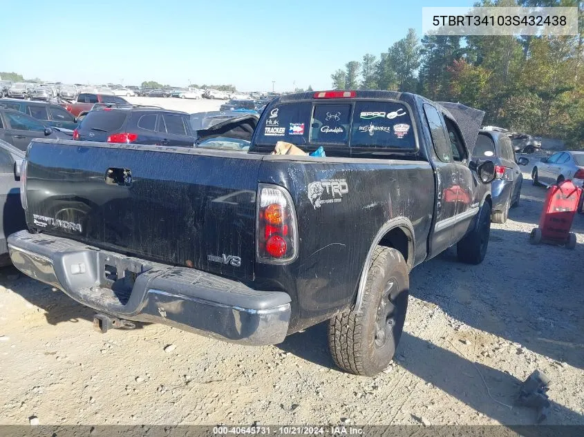 2003 Toyota Tundra Access Cab Sr5 VIN: 5TBRT34103S432438 Lot: 40645731