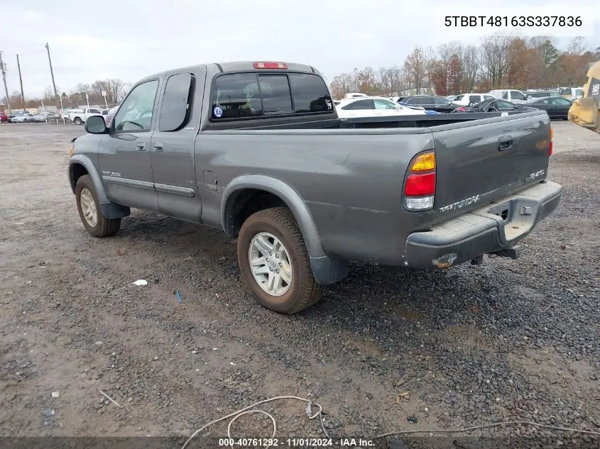 2003 Toyota Tundra Ltd V8 VIN: 5TBBT48163S337836 Lot: 40761292