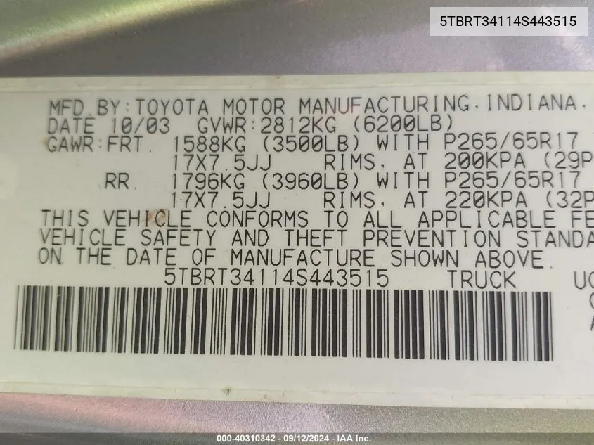 5TBRT34114S443515 2004 Toyota Tundra Sr5 V8