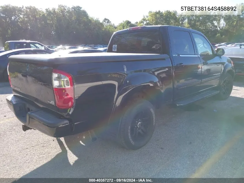 2004 Toyota Tundra Limited V8 VIN: 5TBET38164S458892 Lot: 40357272