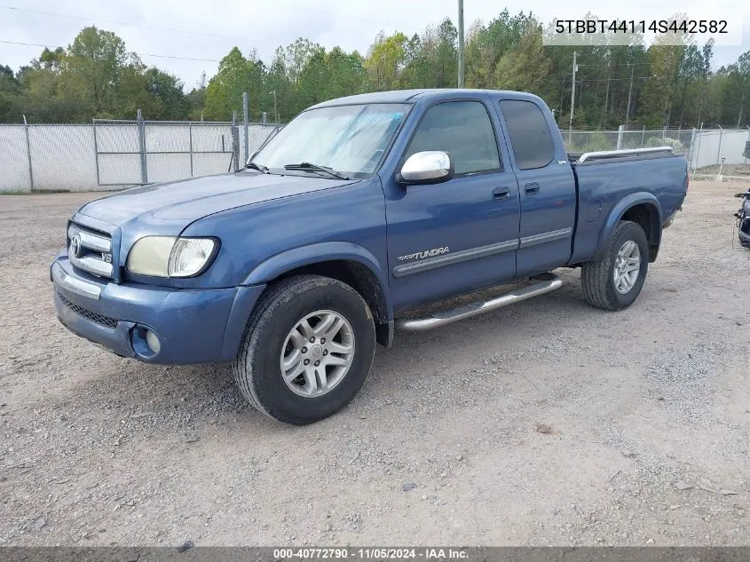 2004 Toyota Tundra Sr5 V8 VIN: 5TBBT44114S442582 Lot: 40772790