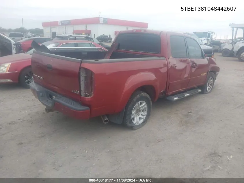 2004 Toyota Tundra Limited V8 VIN: 5TBET38104S442607 Lot: 40818177