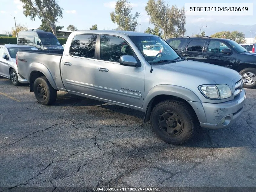 2004 Toyota Tundra Sr5 V8 VIN: 5TBET34104S436649 Lot: 40869567