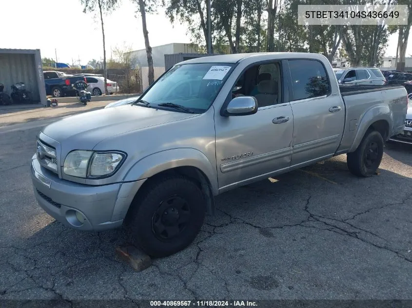 2004 Toyota Tundra Sr5 V8 VIN: 5TBET34104S436649 Lot: 40869567