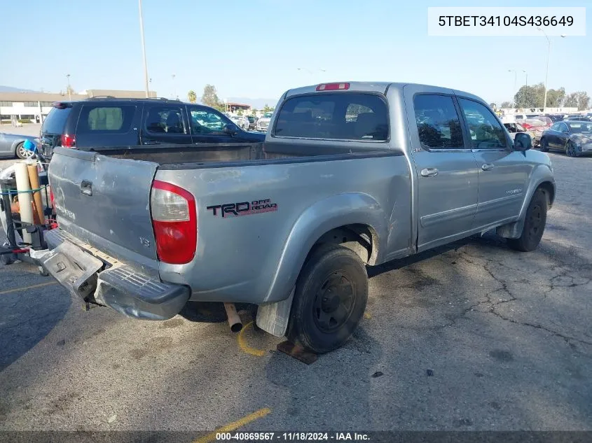 2004 Toyota Tundra Sr5 V8 VIN: 5TBET34104S436649 Lot: 40869567