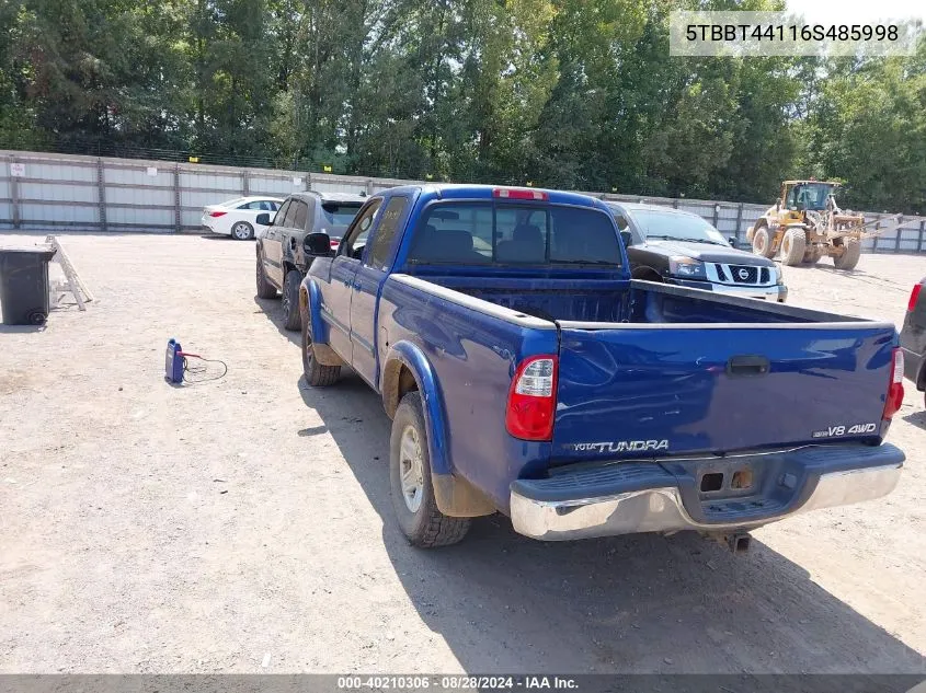 2006 Toyota Tundra Sr5 V8 VIN: 5TBBT44116S485998 Lot: 40210306