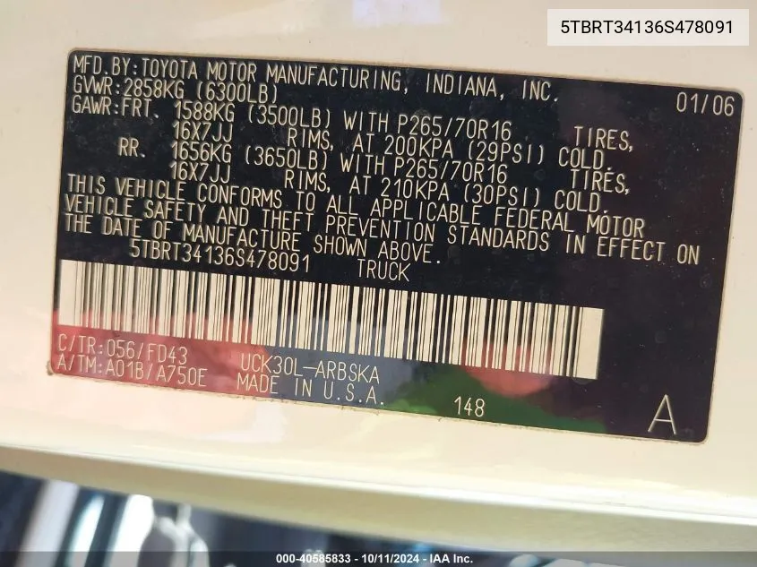 2006 Toyota Tundra Sr5 V8 VIN: 5TBRT34136S478091 Lot: 40585833