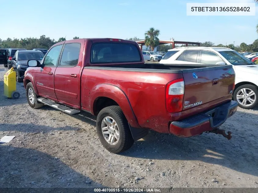 2006 Toyota Tundra Limited V8 VIN: 5TBET38136S528402 Lot: 40700515