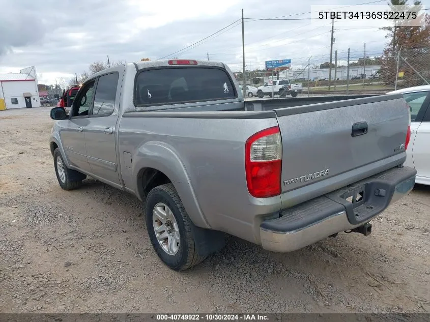 2006 Toyota Tundra Sr5 V8 VIN: 5TBET34136S522475 Lot: 40749922