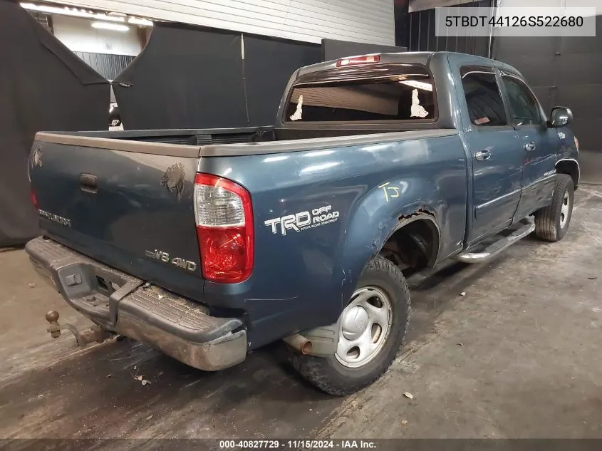 2006 Toyota Tundra Sr5 V8 VIN: 5TBDT44126S522680 Lot: 40827729