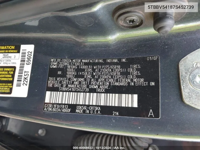 5TBBV54187S452739 2007 Toyota Tundra Sr5 5.7L V8