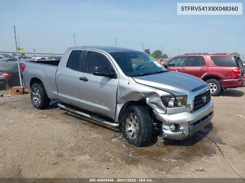 2008 Toyota Tundra Base 5.7L V8 VIN: 5TFRV541X8X048360 Lot: 40009046