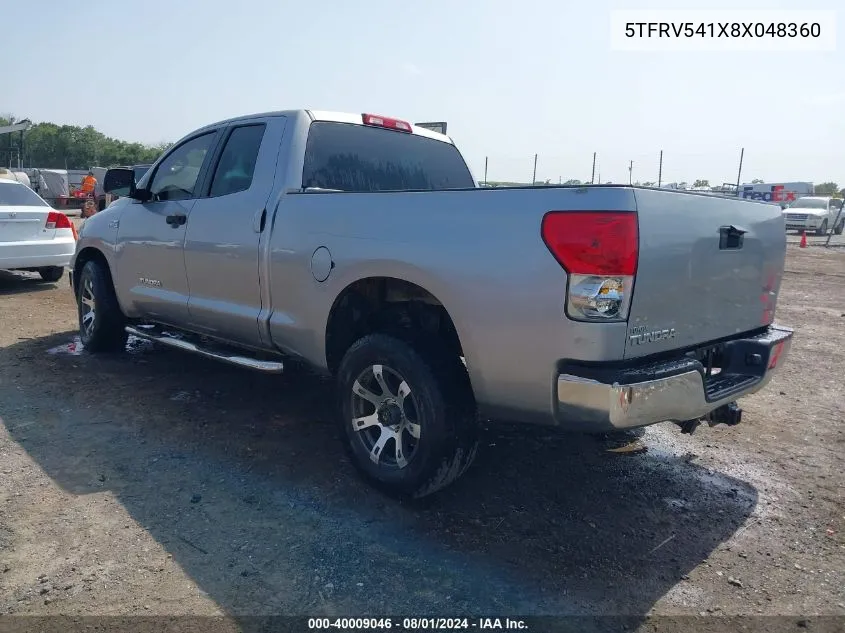 2008 Toyota Tundra Base 5.7L V8 VIN: 5TFRV541X8X048360 Lot: 40009046