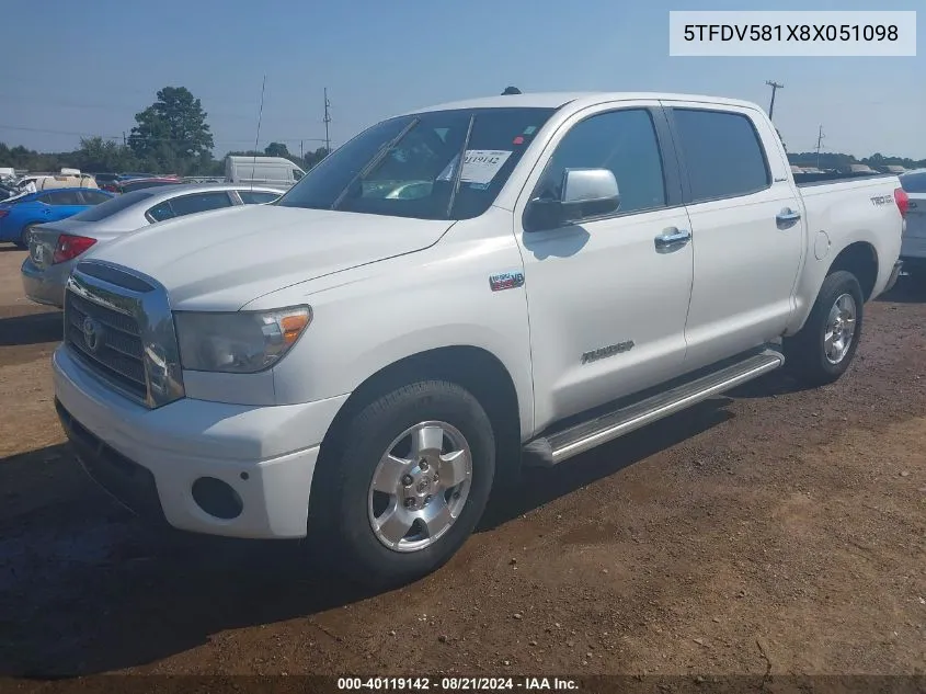 2008 Toyota Tundra Crewmax Limited VIN: 5TFDV581X8X051098 Lot: 40119142