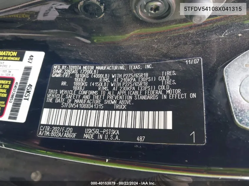 5TFDV54108X041315 2008 Toyota Tundra Sr5 5.7L V8