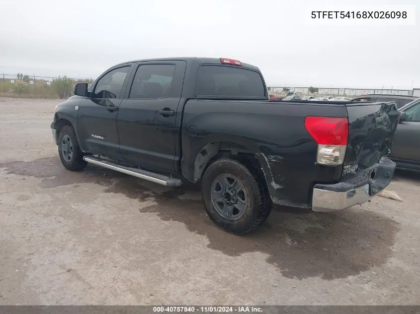 2008 Toyota Tundra Base 4.7L V8 VIN: 5TFET54168X026098 Lot: 40757840