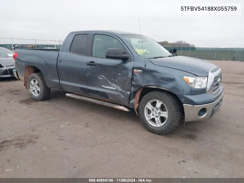 2008 Toyota Tundra Base 5.7L V8 VIN: 5TFBV54188X055759 Lot: 40804156