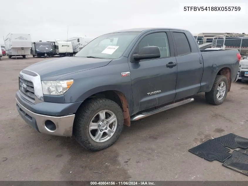 2008 Toyota Tundra Base 5.7L V8 VIN: 5TFBV54188X055759 Lot: 40804156