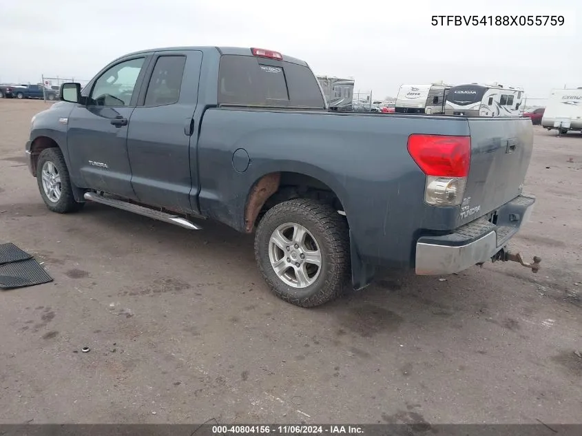 2008 Toyota Tundra Base 5.7L V8 VIN: 5TFBV54188X055759 Lot: 40804156