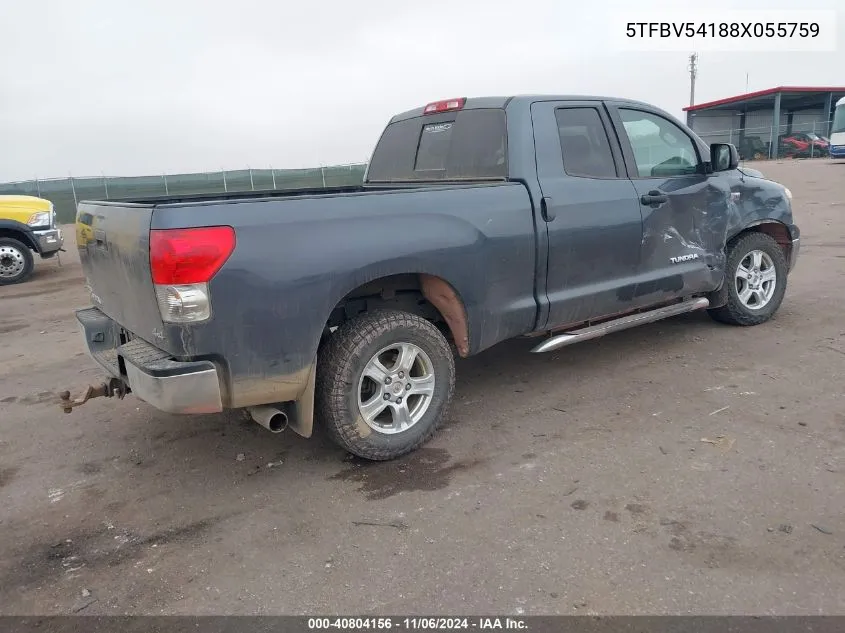 2008 Toyota Tundra Base 5.7L V8 VIN: 5TFBV54188X055759 Lot: 40804156