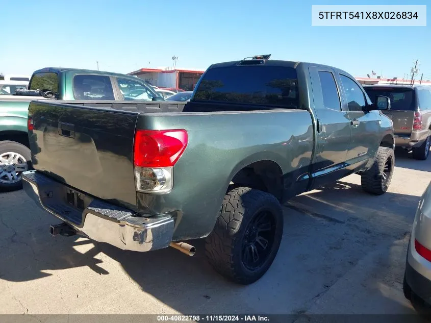 2008 Toyota Tundra Base 4.7L V8 VIN: 5TFRT541X8X026834 Lot: 40822798