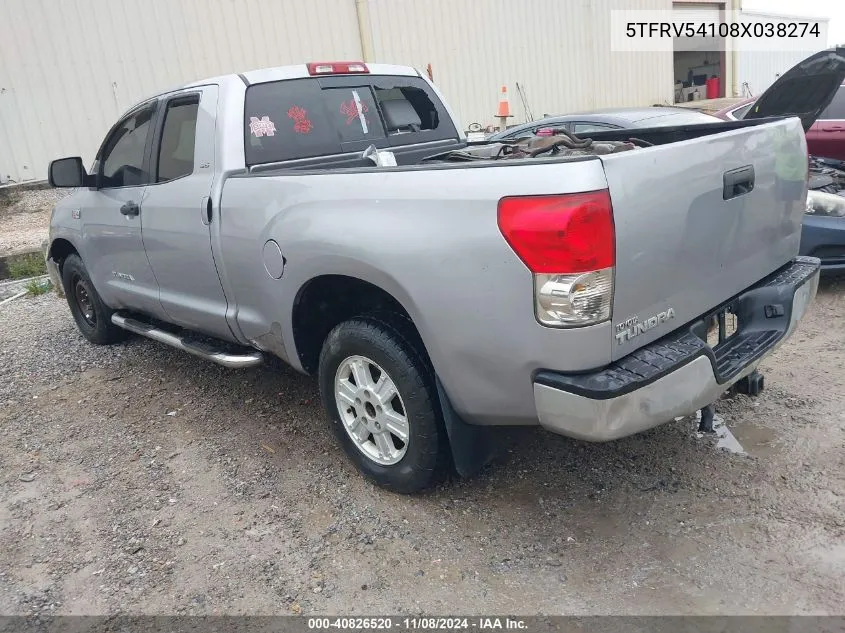 2008 Toyota Tundra Sr5 5.7L V8 VIN: 5TFRV54108X038274 Lot: 40826520