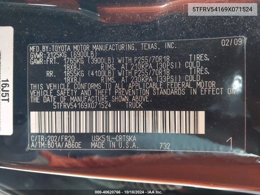 5TFRV54169X071524 2009 Toyota Tundra Grade 5.7L V8