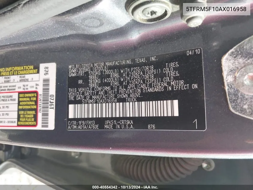 2010 Toyota Tundra Grade 4.6L V8 VIN: 5TFRM5F10AX016958 Lot: 40554342