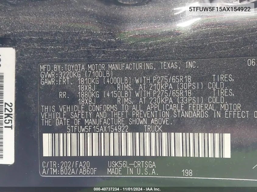 2010 Toyota Tundra Grade 5.7L V8 VIN: 5TFUW5F15AX154922 Lot: 40737234