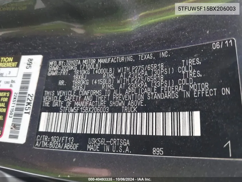 2011 Toyota Tundra Double Cab Sr5 VIN: 5TFUW5F15BX206003 Lot: 40493335