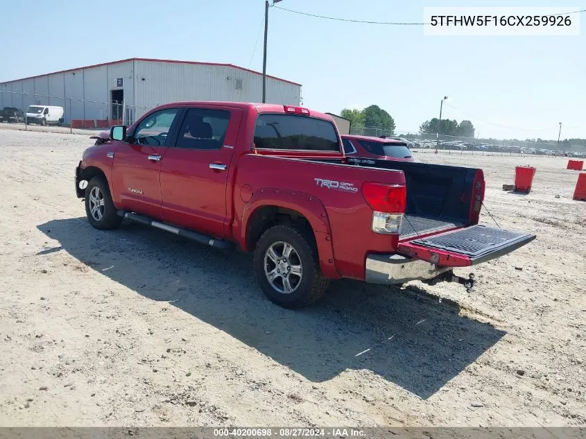 2012 Toyota Tundra Limited 5.7L V8 VIN: 5TFHW5F16CX259926 Lot: 40200698