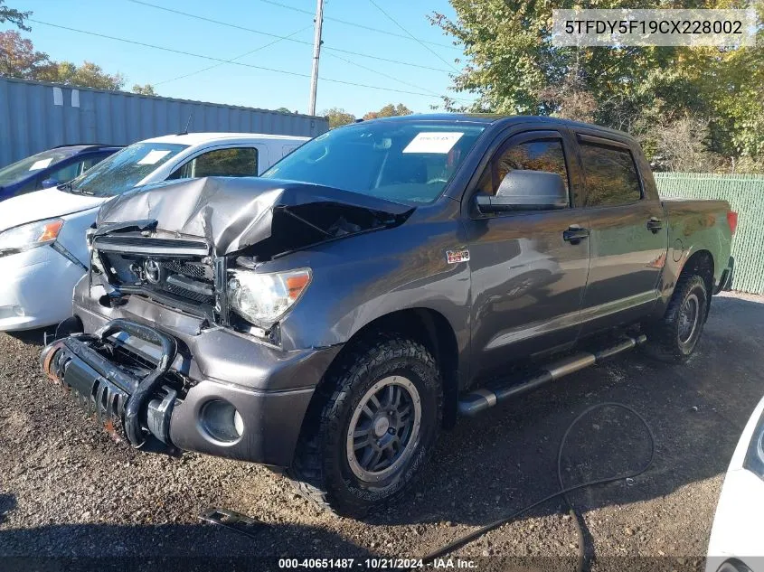 2012 Toyota Tundra Crewmax Sr5 VIN: 5TFDY5F19CX228002 Lot: 40651487