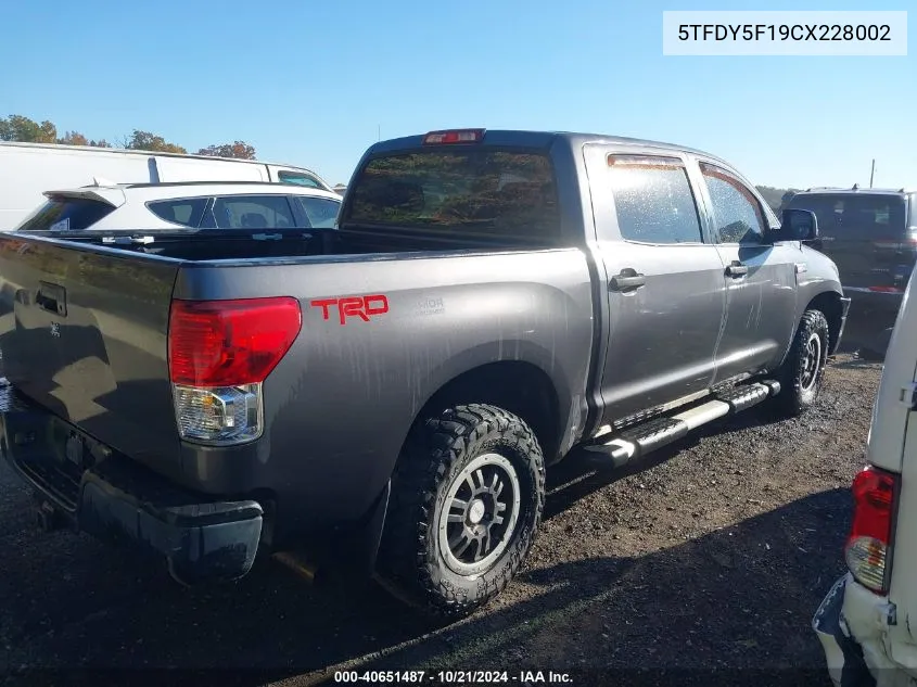 2012 Toyota Tundra Crewmax Sr5 VIN: 5TFDY5F19CX228002 Lot: 40651487