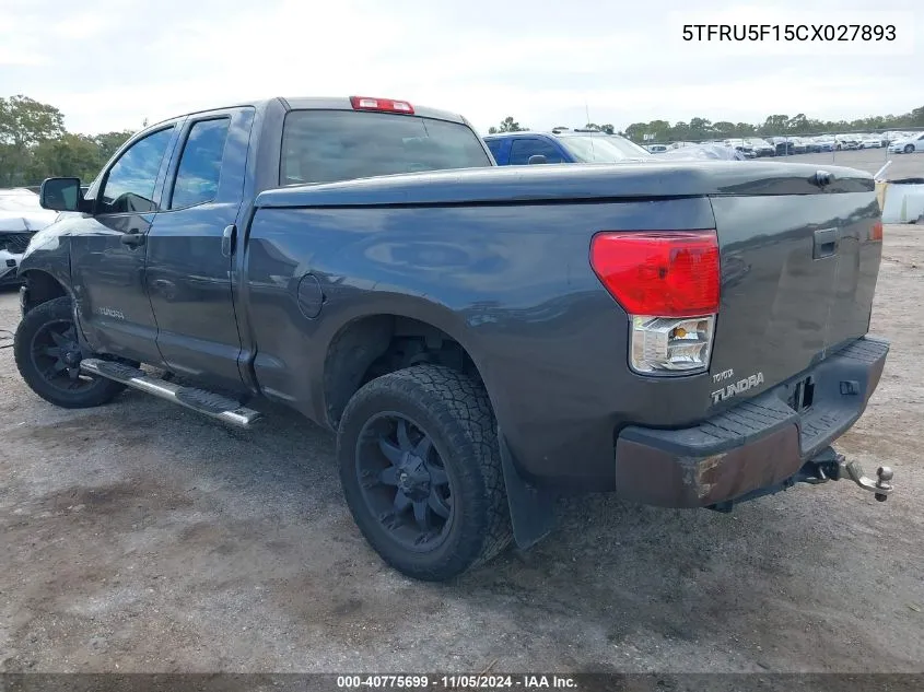 2012 Toyota Tundra Grade V6 VIN: 5TFRU5F15CX027893 Lot: 40775699