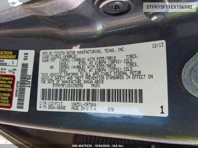 5TFRY5F11EX156592 2014 Toyota Tundra Sr5 5.7L V8