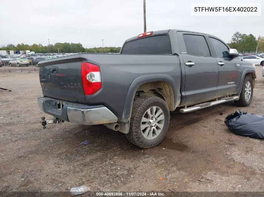 2014 Toyota Tundra Limited 5.7L V8 VIN: 5TFHW5F16EX402022 Lot: 40692856