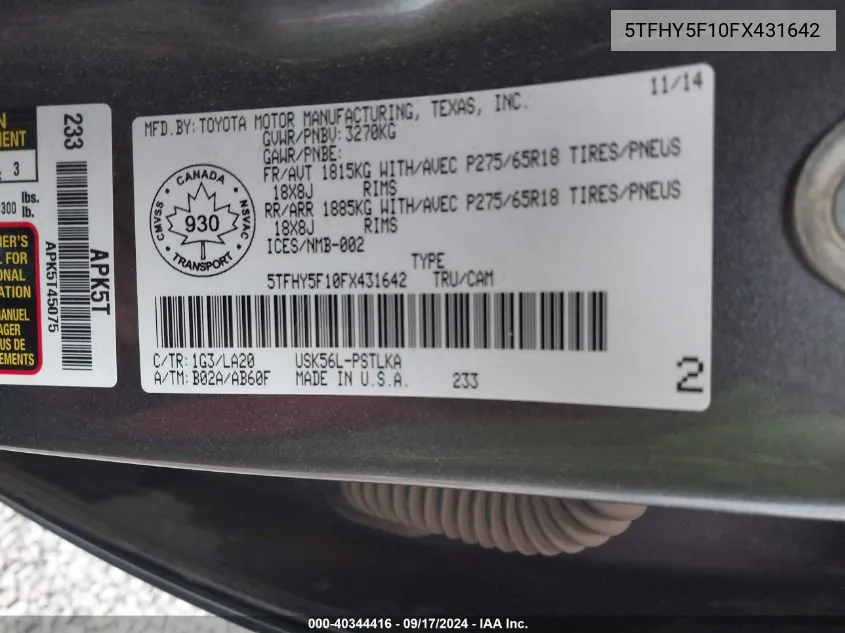 5TFHY5F10FX431642 2015 Toyota Tundra Limited 5.7L V8