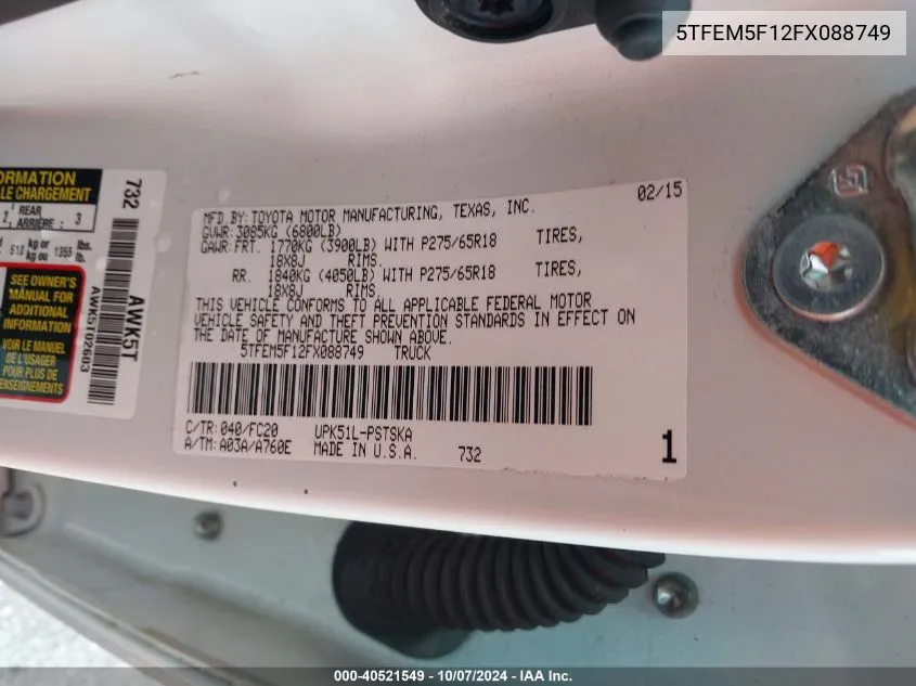 5TFEM5F12FX088749 2015 Toyota Tundra Sr5 4.6L V8