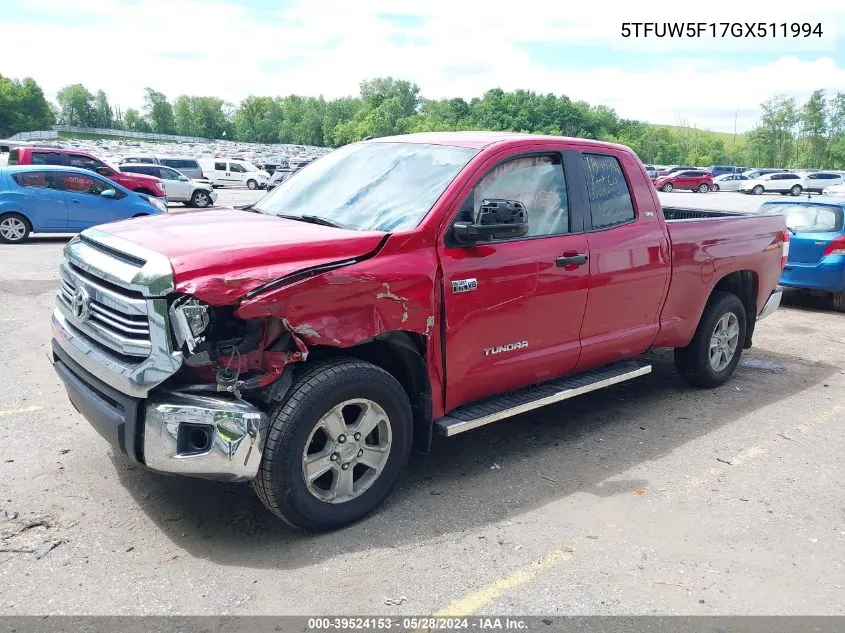 2016 Toyota Tundra Sr5 5.7L V8 VIN: 5TFUW5F17GX511994 Lot: 39524153