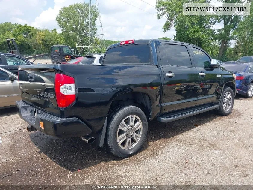 2016 Toyota Tundra Platinum 5.7L V8 VIN: 5TFAW5F17GX511108 Lot: 39836620