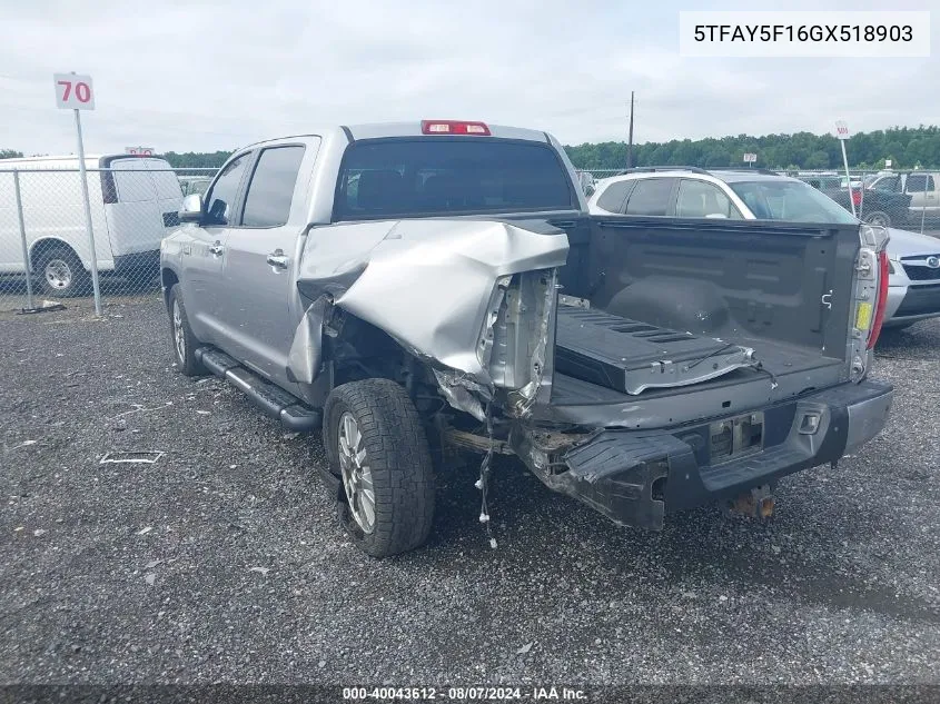 2016 Toyota Tundra Platinum 5.7L V8 VIN: 5TFAY5F16GX518903 Lot: 40043612