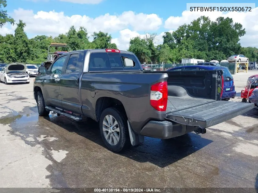 2016 Toyota Tundra Limited 5.7L V8 VIN: 5TFBW5F15GX550672 Lot: 40138194