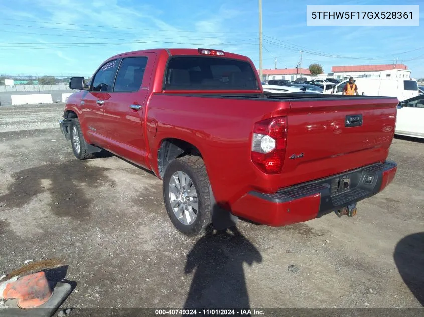 2016 Toyota Tundra Limited 5.7L V8 VIN: 5TFHW5F17GX528361 Lot: 40749324